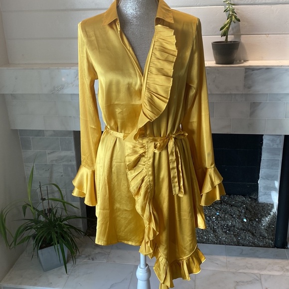 ASOS Sacred Hawk gold Satin Frilly Wrap Dress Size XS - Picture 6 of 16